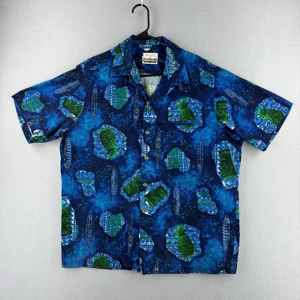 Vintage 60s Napili Hawaiian Shirt Mens XL 25.5x30 Blue Cotton Tiki Loop Collar